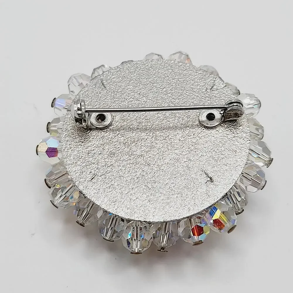 Vintage AB Crystal Beaded Brooch Clear Aurora Borealis Round 2 Inch 1960s